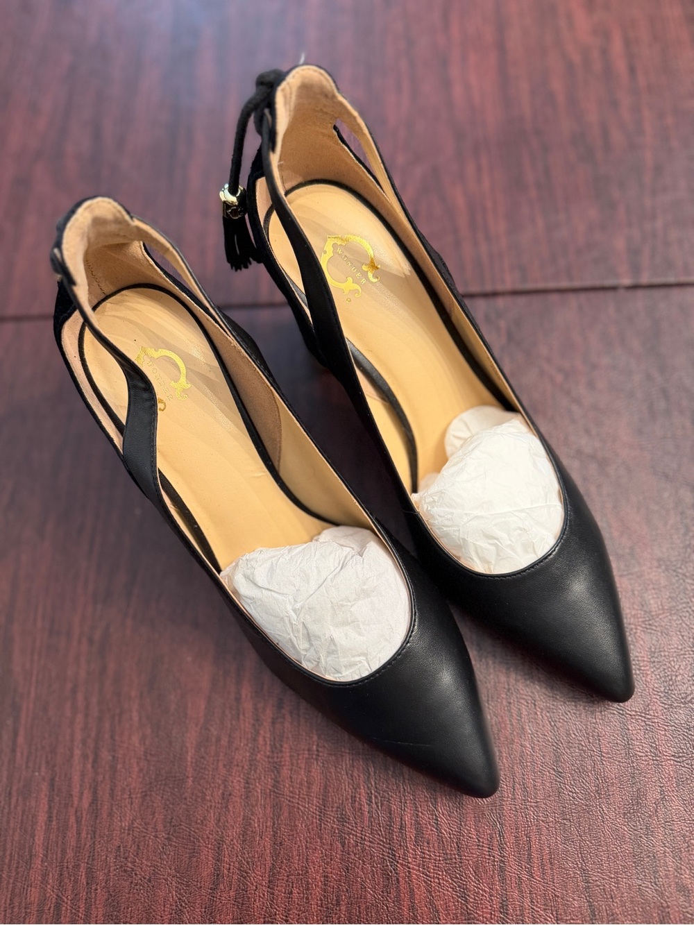 C. Wonder Black Pointed Toe Slingback Heels with Ankle Tie Detail